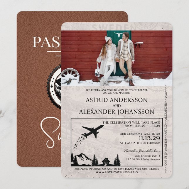 Brun inbjudan till Sverige Passport Wedding (Fram/baksida)