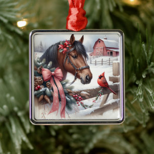 Brun julhorse och kardinal julgransprydnad metall