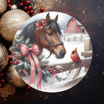 Brun julhorse och kardinal runt klistermärke<br><div class="desc">Uppfödning av julklistermärken med en söt brun häst med rött båge och en söt röd kardinal på stängslet med en rustik lada i bakgrunden av en vinterdaglig vattendjup.</div>