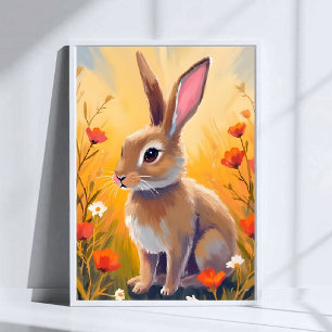 Brun Kanin Blommig Fält Djur Målning Konst Poster