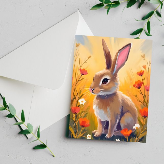 Brun Kanin Blommig Fält Djur Målning Kort (Skapare uppladdad)