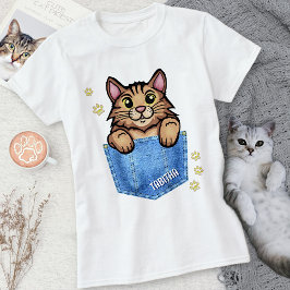 Brun katt i Faux Denim Pocket med eget namn T Shirt