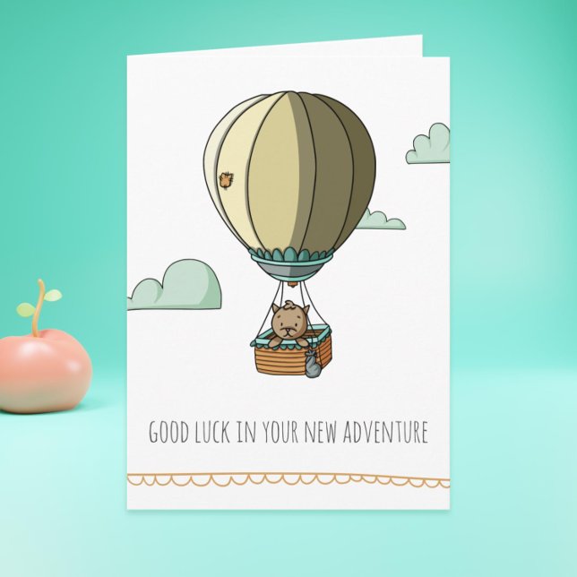 Brun katt i varmluftsballong Lycka till Avskeds Ko Kort (Cat farewell card perfect for graduations, retirements and new beginnings)