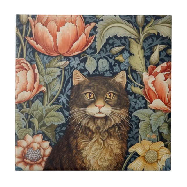 Brun katt och päronblommor art nouveau kakelplatta (Framsidan)