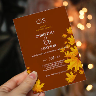 Brun klassisk höstmapel löv bröllop inbjudningar