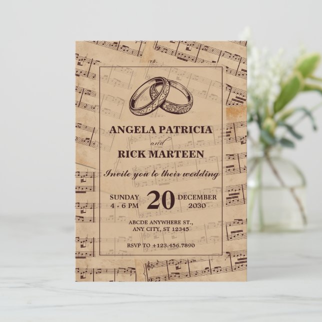 Brun klassisk musik noter lakan bröllop inbjudningar (Stående Fram)