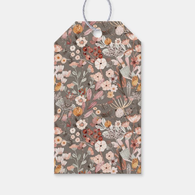 Brun, Kräm, Rosa Blommig Botanisk Blomma Presentetikett (Framsidan)