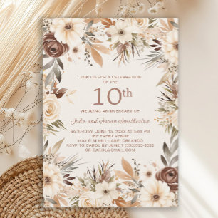 Brun kräm vattenfärg blommig 10-årsjubileum inbjudningar