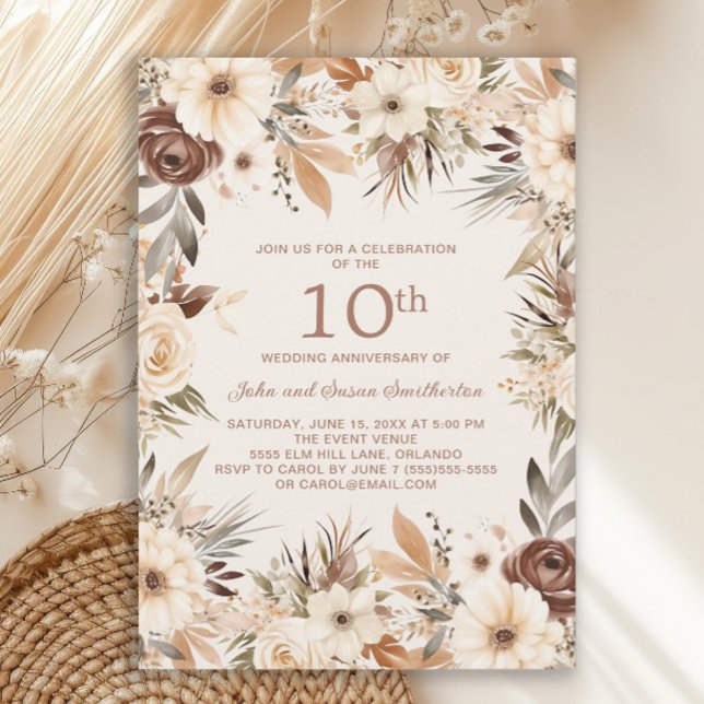 Brun kräm vattenfärg blommig 10-årsjubileum inbjudningar (Rustic cream and brown boho-style watercolor floral 10th wedding anniversary invitation)