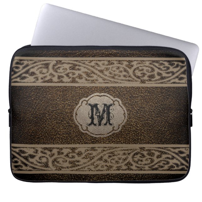 Brun läder. Anpassningsbar Monogram Laptop Sleeve (Framsidan)