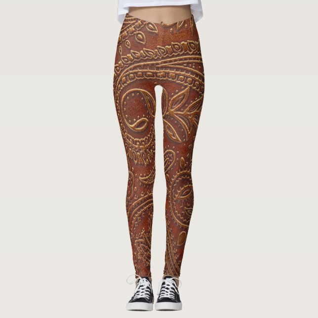 Brun läder, blommönster. leggings (Framsida)
