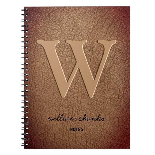Brun läder Rustik monogram svart skrivstil namn Anteckningsbok (Framsidan)