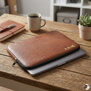 Brun läderstruktur Monogram Personlig Laptop Fodral