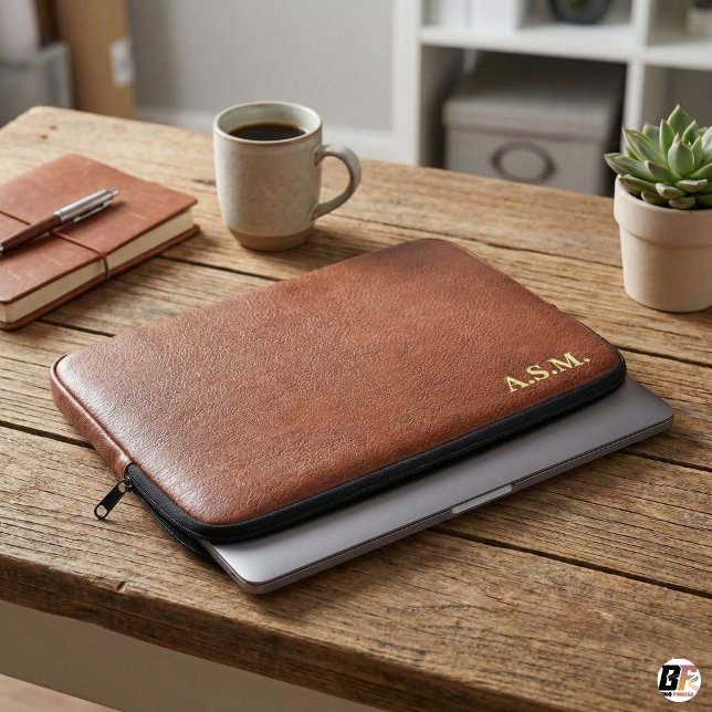 Brun läderstruktur Monogram Personlig Laptop Fodral (Skapare uppladdad)