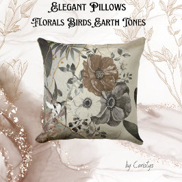 Brun, linen, Grått Flowers Birds Kudde
