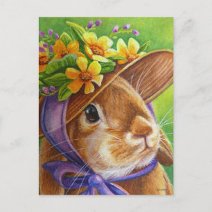Brun loppad kanin i Bonnet Watercolor Art Vykort