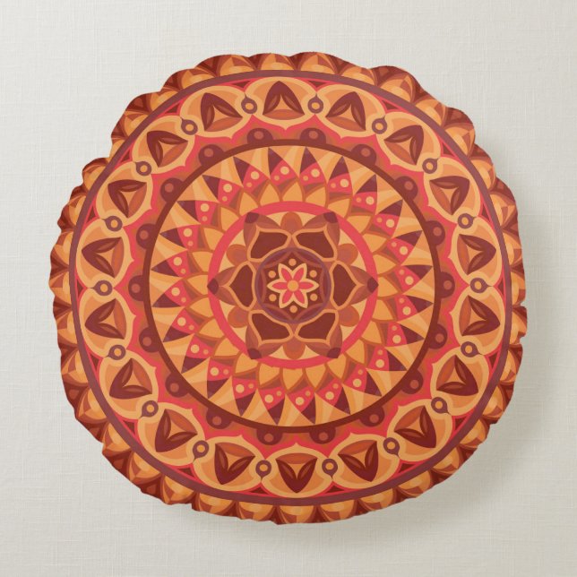 Brun Mandala Jordnära Boho Neutral Mysig Hygge Rund Kudde (Framsidan)