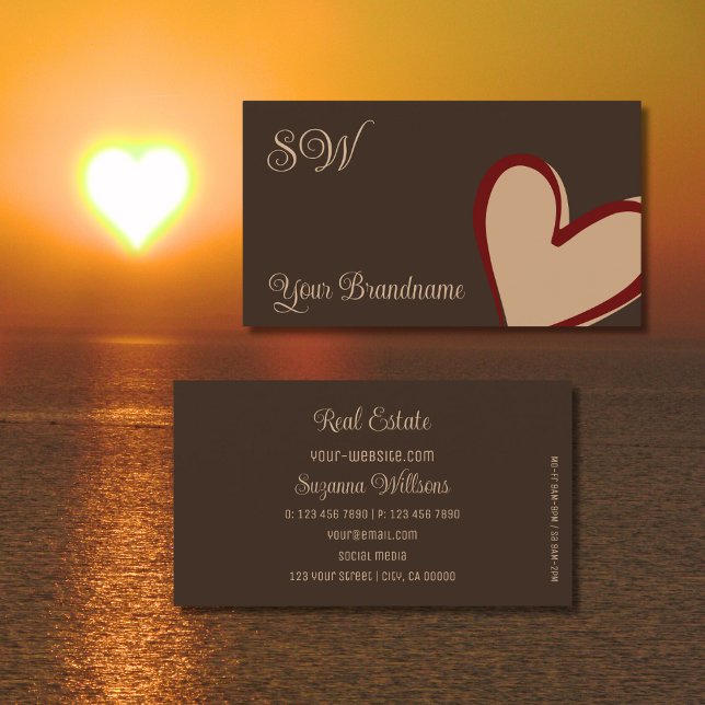 Brun med Gorgant Red Beige Heart och Monogram Visitkort (Skapare uppladdad)