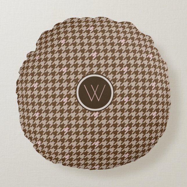 Brun med Ro Guld Houndstooth Round Pillow Rund Kudde (Framsidan)