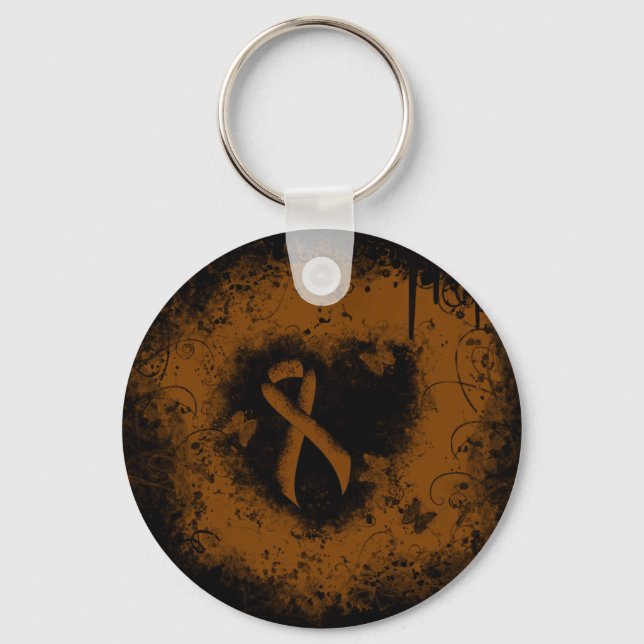 Brun medvetenhet Ribbon Grunge Heart Nyckelring (Framsida)
