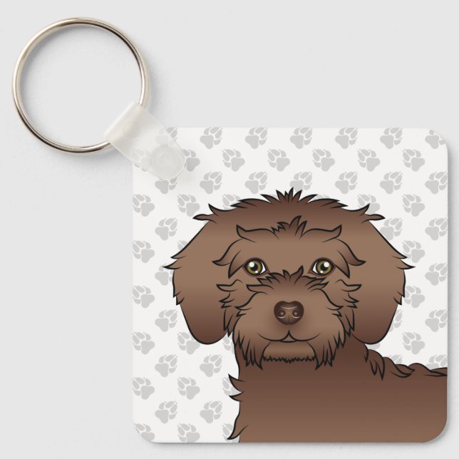 Brun Mini Goldendoodle Serieteckning Hund & Namn Nyckelring (Framsida)