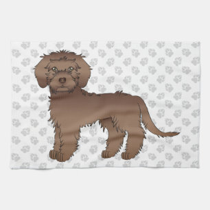 Brun Mini Goldendoodle Söt Tecknad Hund & Tassar Kökshandduk