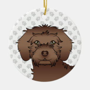 Brun Mini Goldendoodle Söt Tecknad Hundhuvud Julgransprydnad Keramik