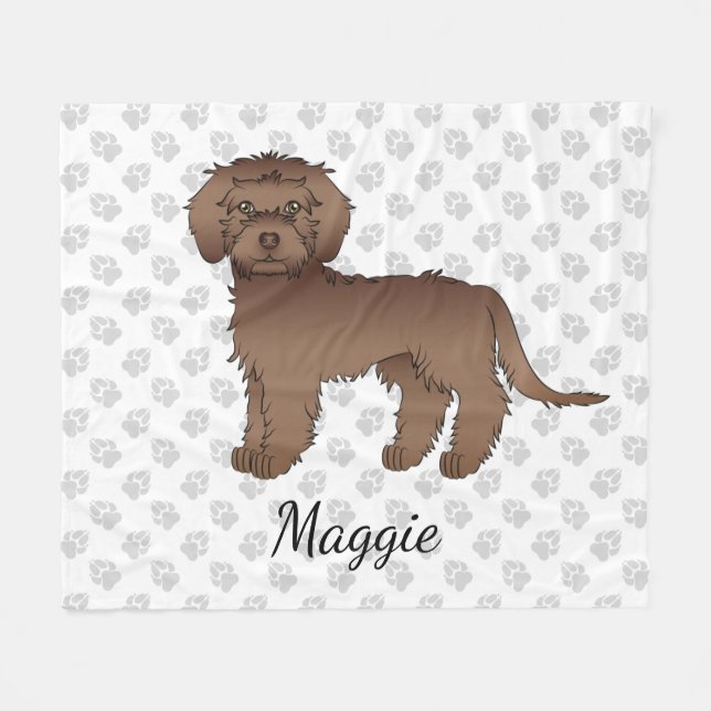 Brun Mini Goldendoodle Tecknad Hund & Namn Fleecefilt (Framsidan (Horisontell))