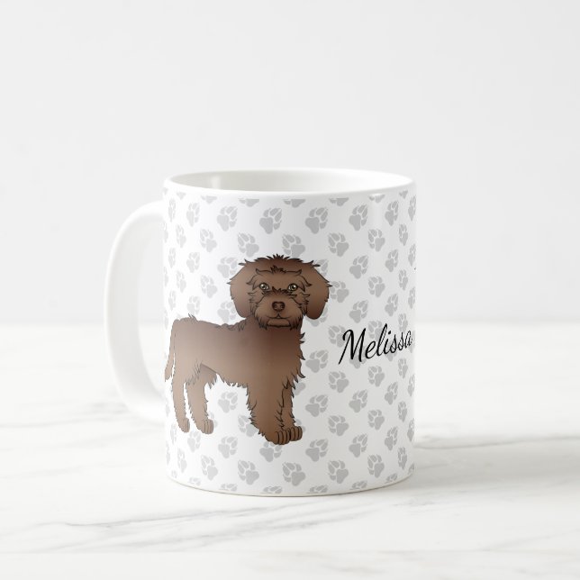 Brun Mini Goldendoodle Tecknad Hund & Namn Kaffemugg (Framsida vänster)