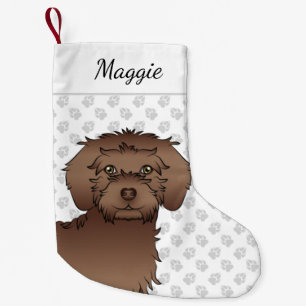 Brun Mini Goldendoodle Tecknad Hundhuvud & Namn Liten Julstrumpa