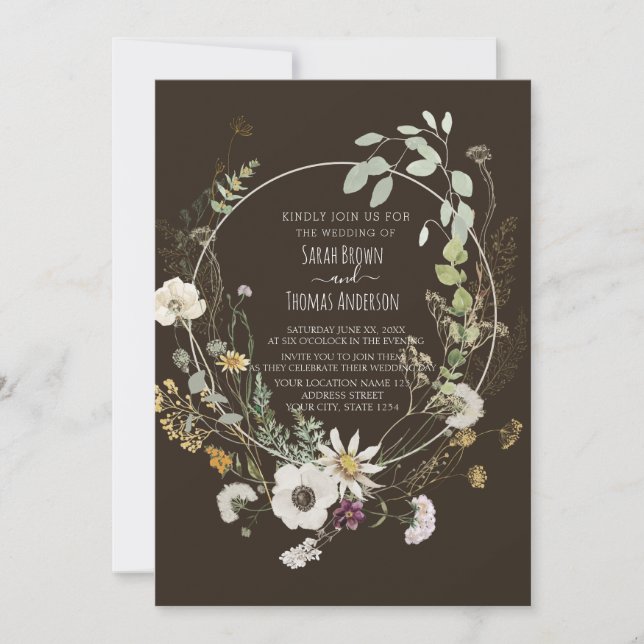 Brun mjuk Vild-blommor i Färg Inbjudningar (Framsida)