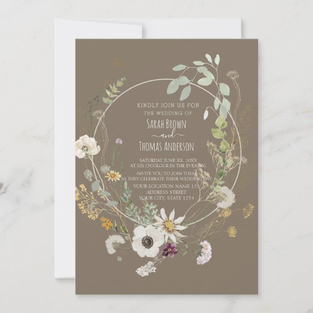 Brun mjuk Vild-blommor i Färg Inbjudningar (Framsida)