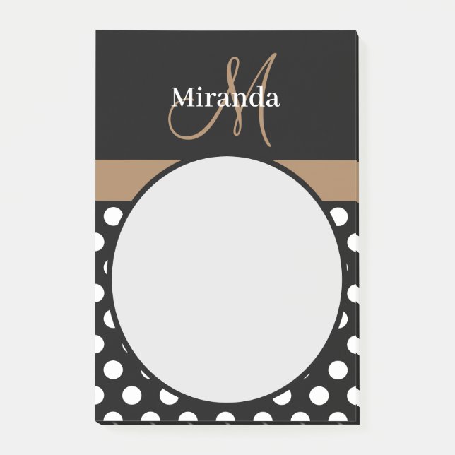 Brun Monogram Black White Polka-prickar Post-it Block (Framsida)