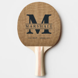 Brun monogram- och namnöverdrag i säckvävstextil pingisracket