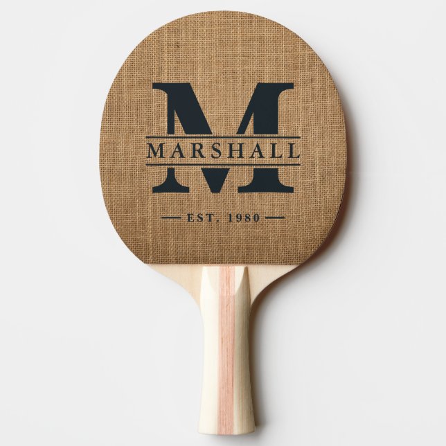 Brun monogram- och namnöverdrag i säckvävstextil pingisracket (Baksidan)