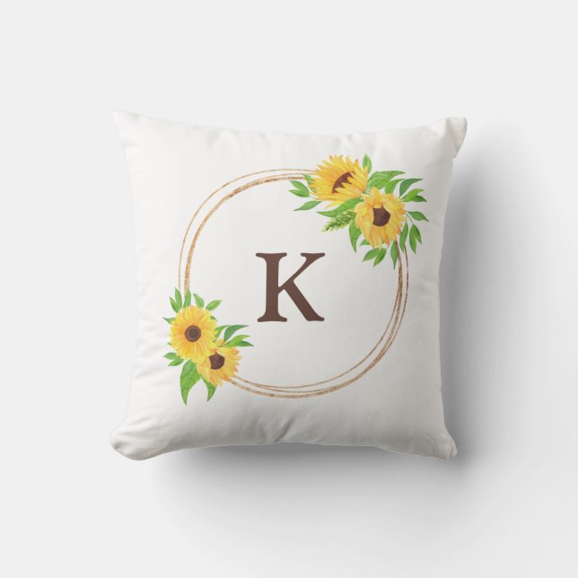 Brun monogram Solblommor Guld Ram Grönt Löv  Kudde (Framsida)
