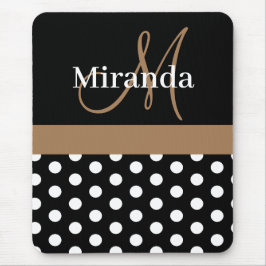 Brun monogram svart vit polka, punktmusknapp musmatta
