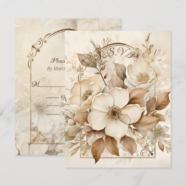 Brun Monoton och Vita Rosor Guld Ram OSA Kort (Fram/baksida)