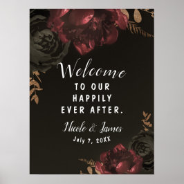 Brun Mörk Blommig Guld Grönska Bröllopsskylt Poster