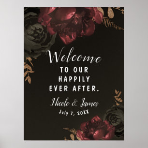 Brun Mörk Blommig Guld Grönska Bröllopsskylt Poster