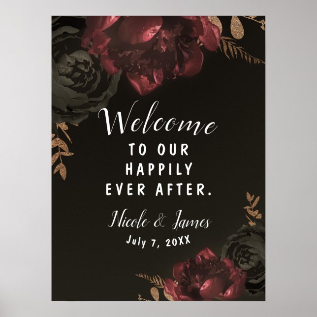 Brun Mörk Blommig Guld Grönska Bröllopsskylt Poster (Framsidan)