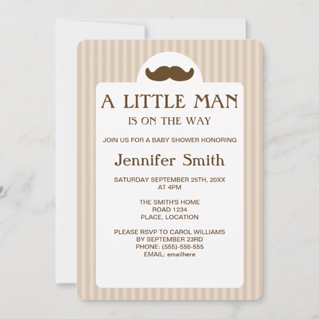 Brun Mustasch Silhuett Liten Man Baby Shower Inbjudningar (Framsida)