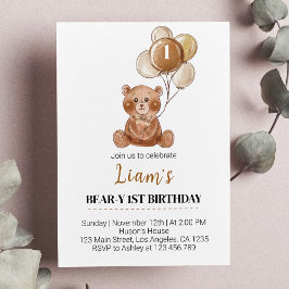 Brun Nalle Balloon First Birthday-inbjudan Inbjudningar
