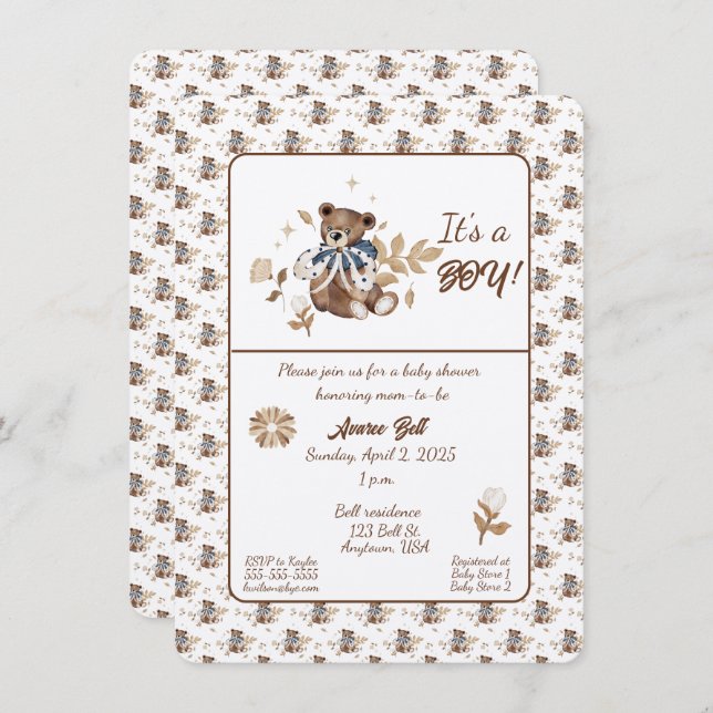 Brun Nalle Det är en pojke! Shower Inbjudningar (Fram/baksida)