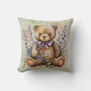 Brun Nalle Lavender Flowers och Polkadots Kudde