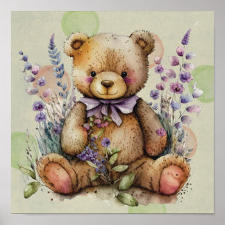 Brun Nalle Lavender Flowers och Polkadots Poster