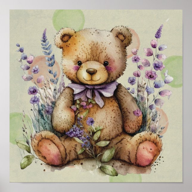 Brun Nalle Lavender Flowers och Polkadots Poster (Framsidan)