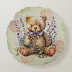 Brun Nalle Lavender Flowers och Polkadots Rund Kudde