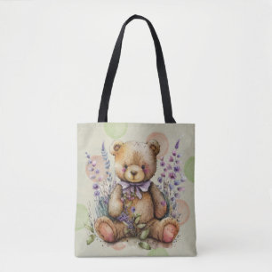Brun Nalle Lavender Flowers och Polkadots Tygkasse
