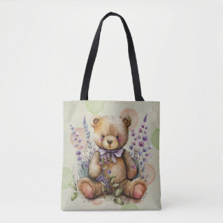 Brun Nalle Lavender Flowers och Polkadots Tygkasse